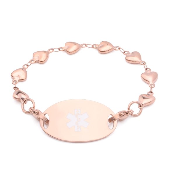 Rose Gold Puffy Heart Strand Bracelet with Medical Tag Girls Women - Picture 1 of 2